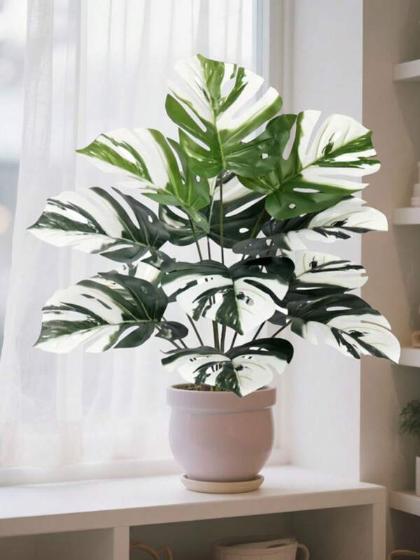 12/18 Leaves Artificial White Bamboo Turtle Back Leaves, Faux Plant, Nordic Style Indoor Decor, No Watering Needed For Office And Living Room