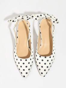 Plus Size Polka Dot Satin Chunky Heel Sandals For Women, Pointed Toe, White, Spring/Summer, French Retro Style, Bow Decor, Backless, Mary Jane, Comfortable - White - View 8
