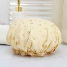 Gorro de ducha de doble capa, gorro para el cabello, estampado con amor, cómodo de llevar, no se desliza fácilmente, adecuado para diversos escenarios como bañarse, belleza, cocinar y el cuidado de la piel. La capa exterior es una tela impresa exquisita y el forro interior es impermeable