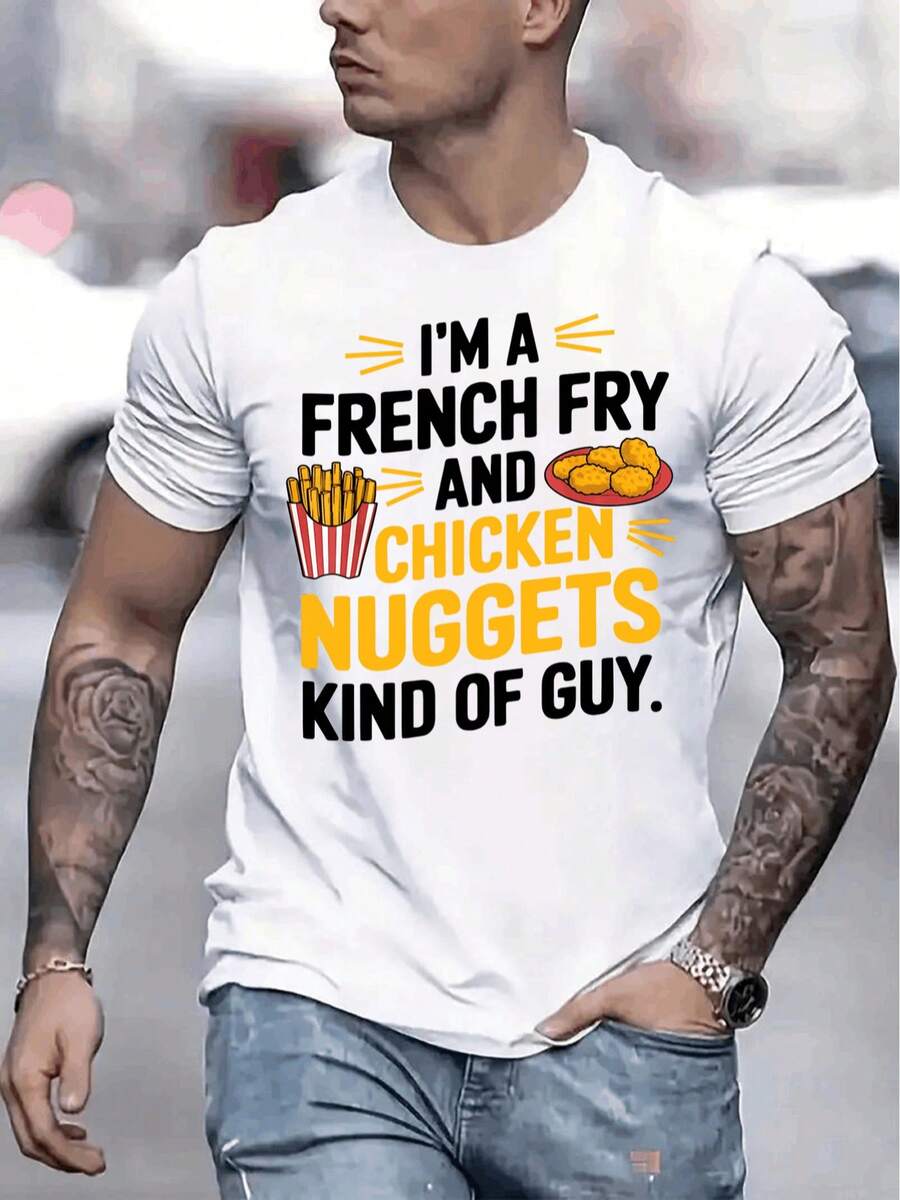 Camiseta de Hombre con Estampado Gráfico de Papas Fritas y Nuggets de Pollo, Camiseta Casual de Manga Corta, 1 Pieza,% Algodón Pesado, Cuello Redondo Cómodo, Camisetas Suaves y Lindas SWDE - Blanco - Ver 1