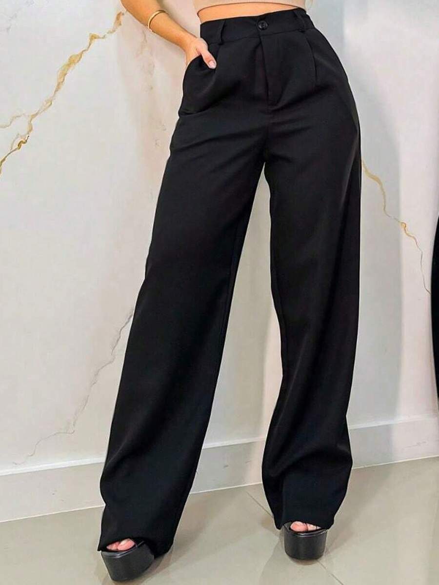 Women's Tailored Wide Leg Pants With Button And Zipper - 黑色 - 查看 1