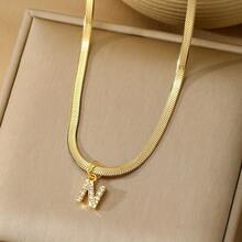 1 件 18k 鍍金鈦鋼鎖骨鏈帶英文字母吊墜嵌水鑽,適合女士日常佩戴 - 金黃色 - 查看 20