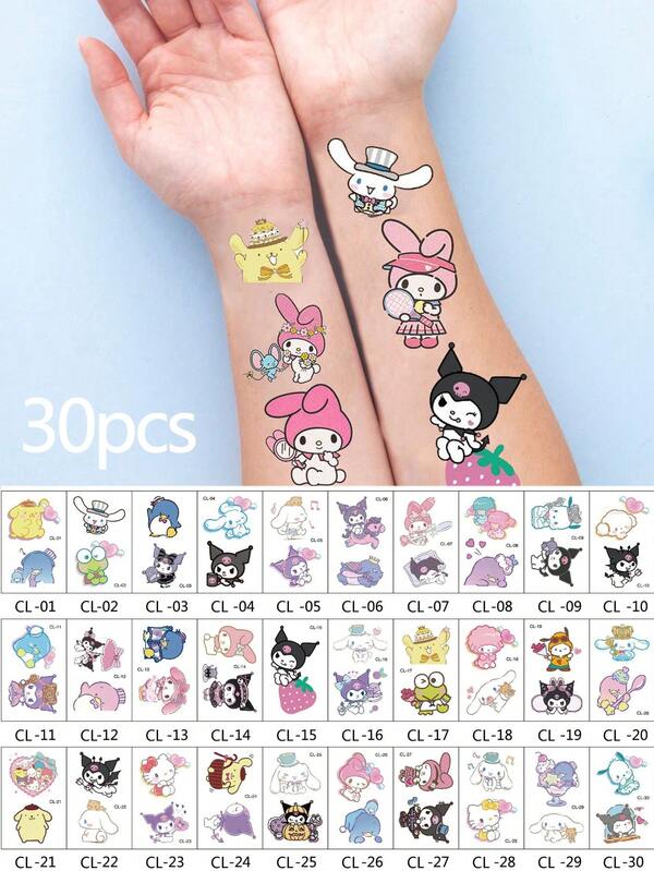 Sanrio 30Pcs Cartoon Hello Kittys Kuromis My Melodys Cinnamorolls Kitty Cat Anime Waterproof Tattoos Stickers Body Art Sticker Decoration Accessories (Some Parts May Be Random)Rave Accessories Holiday Party Decorations
