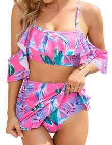 YESFASHION Womens Floral Bikini Set Two Piece High Waisted Swimsuit With Skirt Off Shoulder Ruffle Bathing Suits Tummy Control Swimwear - 玫瑰紅 - 查看 1