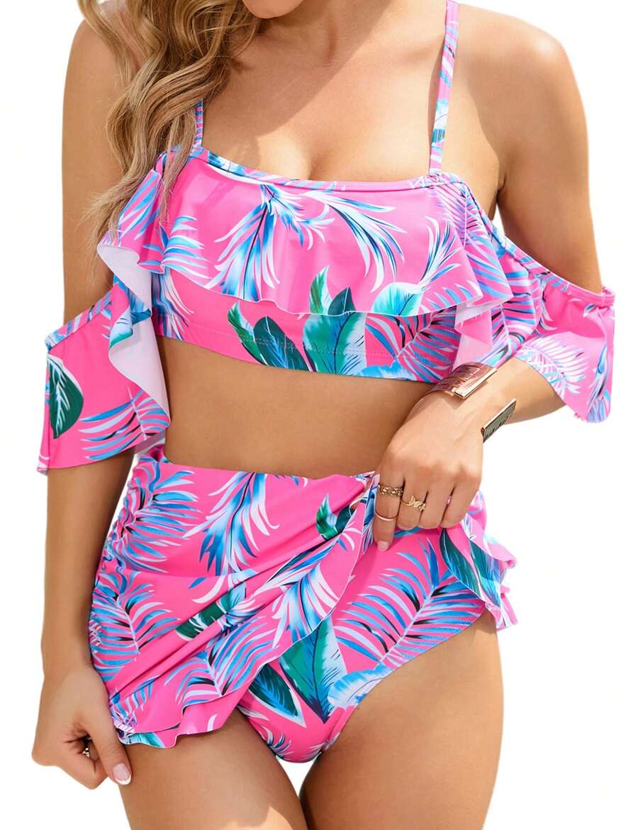 YESFASHION Womens Floral Bikini Set Two Piece High Waisted Swimsuit With Skirt Off Shoulder Ruffle Bathing Suits Tummy Control Swimwear - 玫瑰紅 - 查看 1