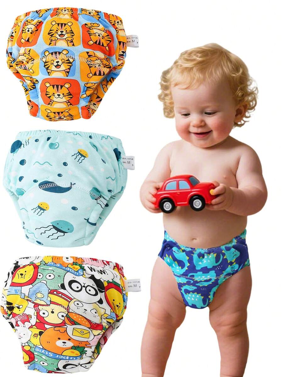 Set de 3 piezas de pantis de entrenamiento para ir al baño para bebés, calzoncillos lavables a prueba de fugas con estampados lindos, unisex para niños y niñas pequeños - Multicolor - Ver 1