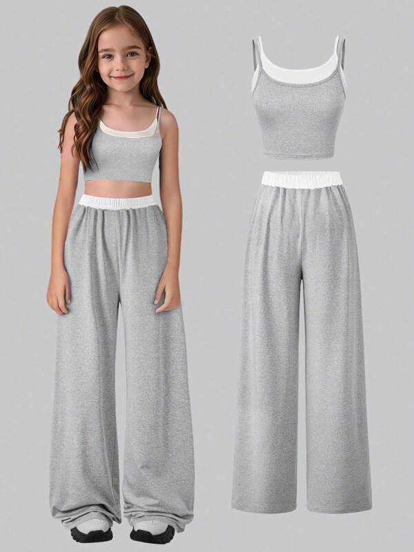 2pcs Teenage Girl Contrast Color Camisole And Pants Set, Thin Two Pieces Outfit / Sweet Sisters Outfit