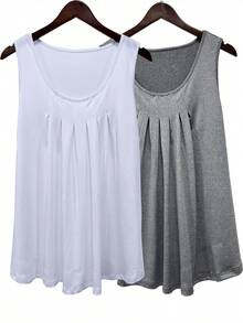 2pcs/Set Plus Size Solid Color Pleated Camisole, Casual Sleeveless Round Neck Tank Tops For Women Summer - White+Gray - View 1