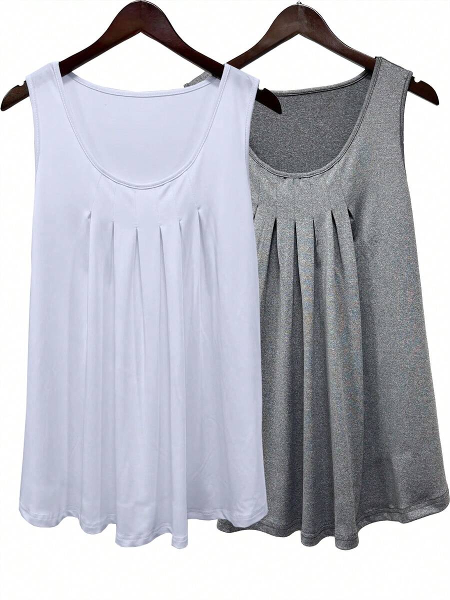 2pcs/Set Plus Size Solid Color Pleated Camisole, Casual Sleeveless Round Neck Tank Tops For Women Summer - White+Gray - View 1