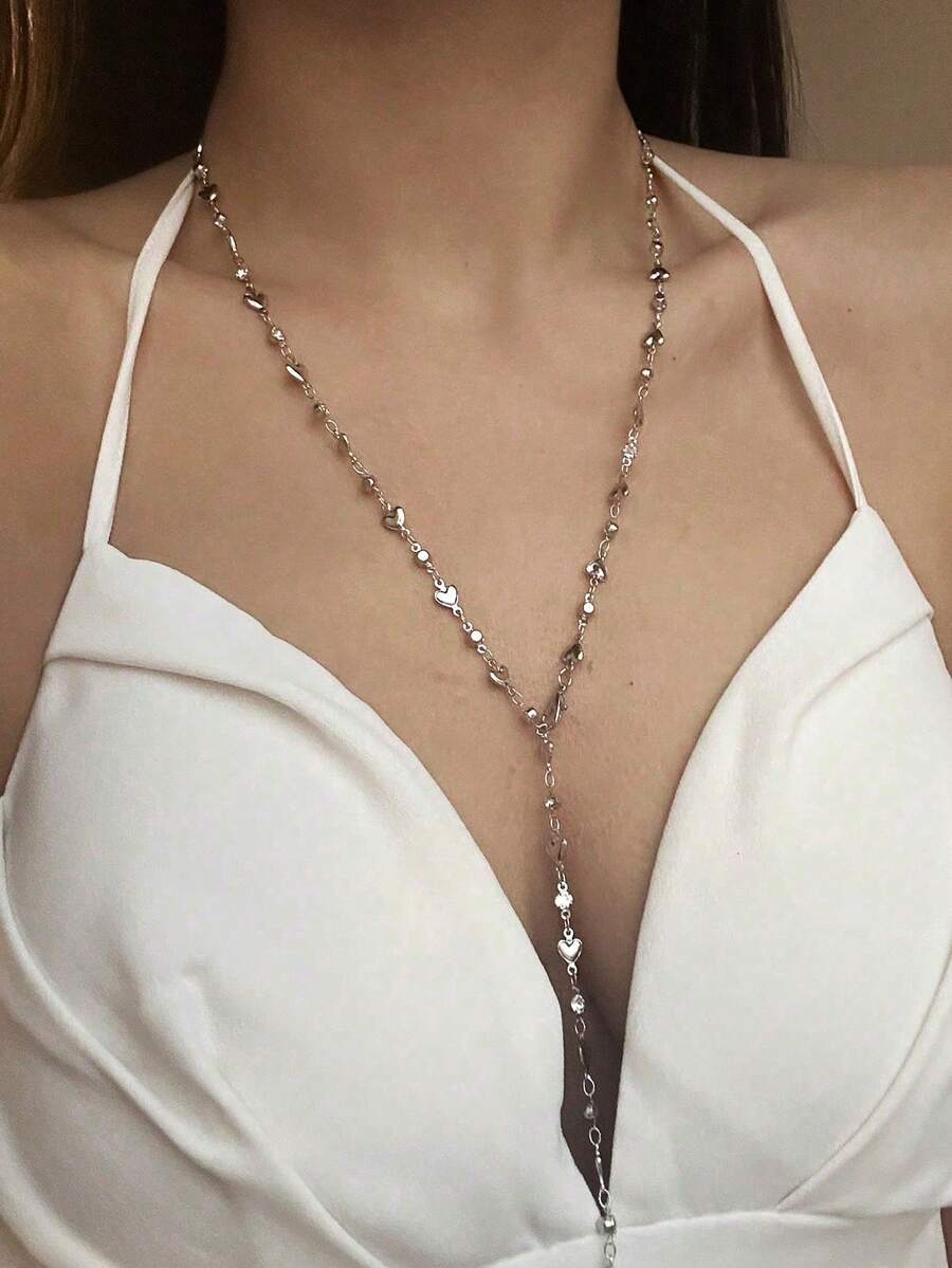 1pc Solid Gold/Silver Heart Shaped Long Necklace, Y-Shaped Necklace, Choker Necklace Suitable For Vacation - Silver - View 1
