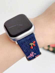 1pc Women's Embroidered Bows, Flowers, Cherry Washing Denim Leather Watch Strap Compatible With Apple Watch Band 38mm 40mm 41mm 42mm 44mm 45mm 49mm S10 42mm S10 46mm, Stylish, Cute,,Comfortable Replaceable Band Compatible With Iwatch Series 11 Ultra 3 SE3 Ultra 2 S10 SE2 9 8 7 SE 6 5 4 3 2 1 - Royal Blue - View 3