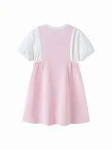 Balabala Tween Girls' Summer Letter Print 2 In 1 Puff Sleeve Casual Dress