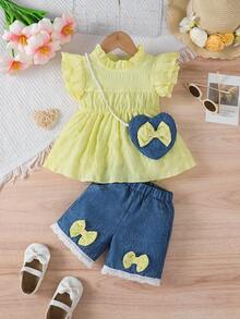 2 件套女婴休闲时尚黄色双层盖袖连衣裙白色蕾丝下摆短裤套装带蝴蝶结装饰口袋和迷你包，夏季 - 黃色 - 查看 2