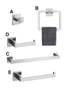 一套不锈钢浴室配件——毛巾架、毛巾环、卫生纸架、浴袍挂钩，安装简便 - 銀色 - 查看 9