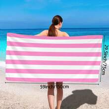1pc Simple Striped Beach Towel, Extra Large Microfiber Quick Dry Water Absorbent Beach Towel, Anti-Sand Beach Blanket, Suitable For Travel, Swimming Pool, Yoga, Gym, Beach, Holiday Essentials (Single-Sided Printed), Beach Accessories, Pool Float - Pink - View 14