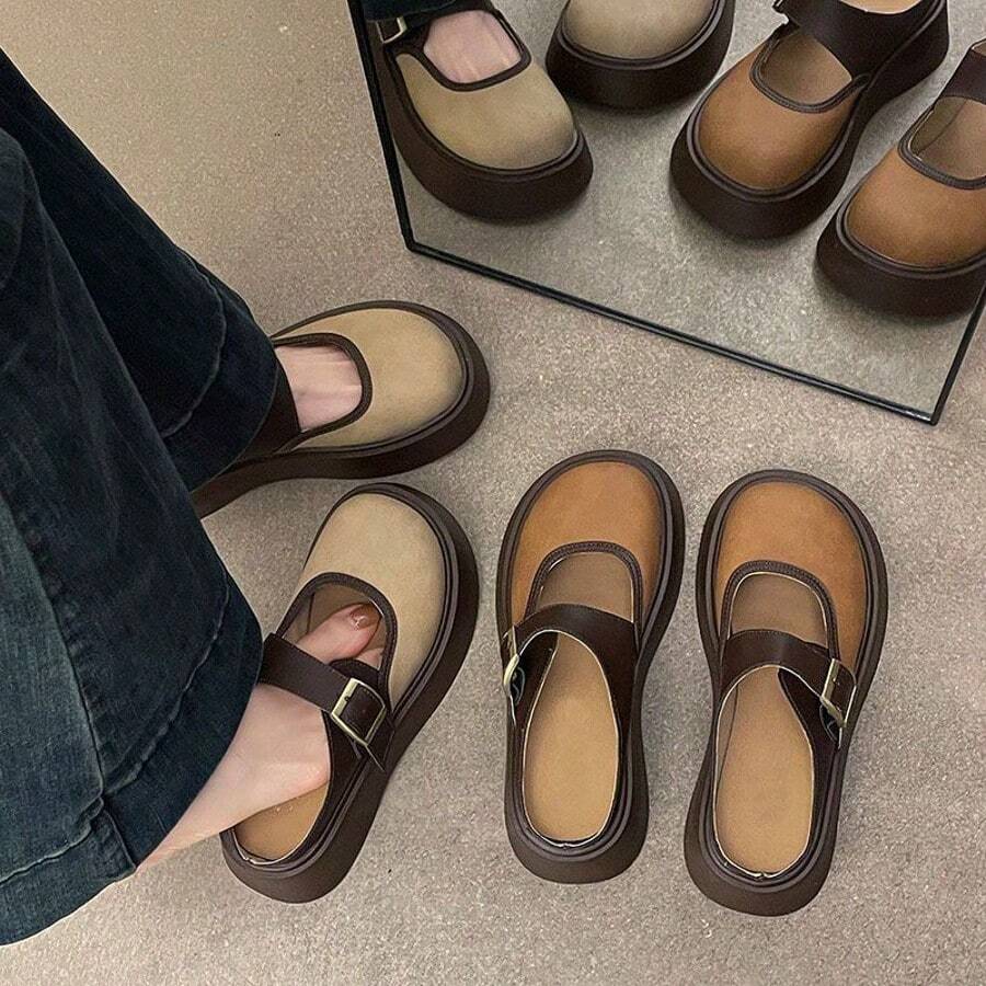 Zapatos de suela gruesa, zapatos bajos de mujer, ropa de exterior, zapatos Mary Jane para otoño y verano, zapatos pequeños de piel para mujer.