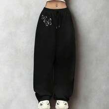 Calça Wide Leg Feminina Butterfly Minimalista  Despojada Barra Reta  Tecido Peluciado De Algodão - Preto - Visão 1
