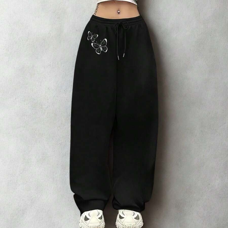 Calça Wide Leg Feminina Butterfly Minimalista  Despojada Barra Reta  Tecido Peluciado De Algodão - Preto - Visão 1