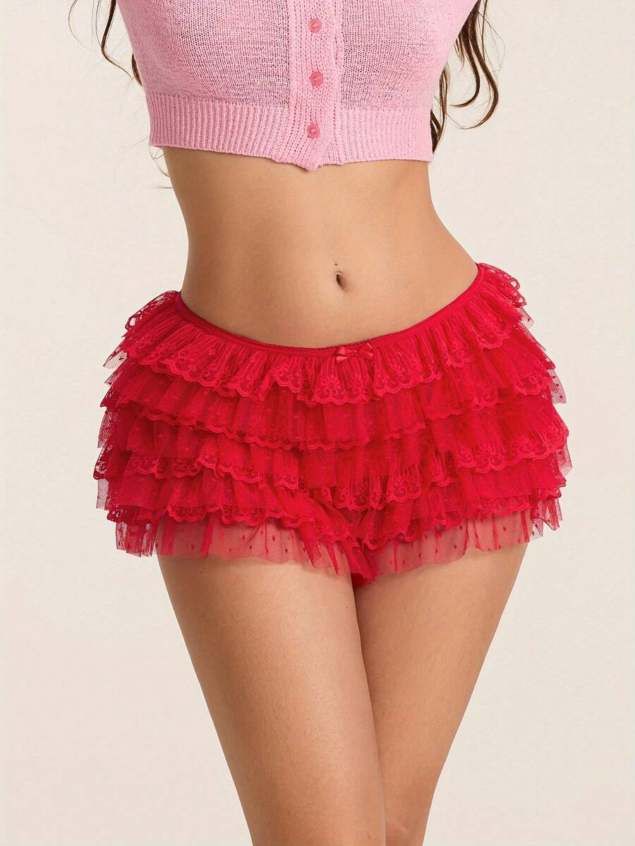 Women Lace Bloomers Shorts Casual Summer Layered Ruffles Elastic Short Pants For Vacation Beach Club Streetwear - 紅色 - 查看 1