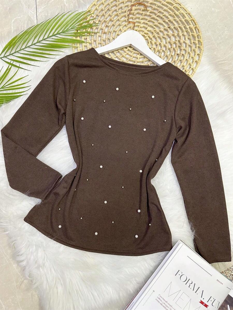 Long Sleeve Blouse In Soft Fabric With Rhinestones - Coffee Brown - View 1