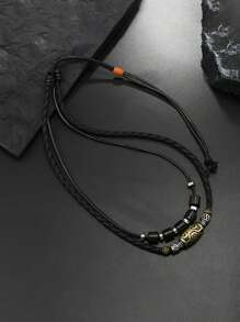 1pc Retro Punk Style Personalized Necklace Bracelet Set, Woven Wax Rope Vintage Pendant Choker Necklace Beaded Bracelet Jewelry Accessories, Suitable For Daily Wear, Gift For Friends And Family