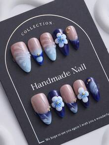10 piezas Uñas de almendra, Francés degradado azul pintado a mano, Diseño en relieve 3D, Estilo Y2K, Adecuado para mujeres y niñas, Elegante y elegante Uñas postizas Suministros para uñas - Azul - Ver 3