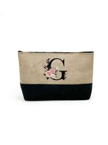 1 set, Bolso de mano tipo tote con estampado de flores con inicial A y correas para el hombro & Set de bolsas de maquillaje con iniciales de la A a la Z, bolso de regalo personalizado con bolsillos laterales, bolso de playa con pañuelo, bolsos de almacenamiento portátiles y de ocio, bolsas de compras multifuncionales, bolsa de almacenamiento simple para viajes