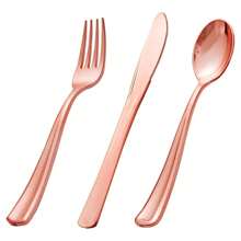 طقم أدوات المائدة القابلة لإعادة الاستخدام باللون الوردي الذهبي، غير قابل للكسر وصديق للغسالة الآلية، مناسب لحفلات الزفاف والعيد والتخرج والحفلات الخارجية في الحدائق وتوريدات المدرسة