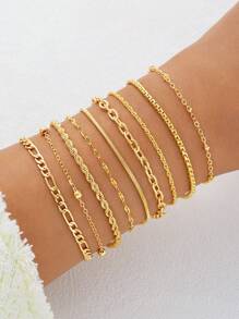 16pcs/12pcs/11pcs/9pcs Stylish Simple Classic Copper Braided & Snake Chain Layered Heart Charm Bracelet Set For Women, Birthday, Vacation, Party, Daily Outfit, Versatile. (Please Note There May Be Slight Color Difference Between Actual Product And Images Due To Lighting And Angle During Photography)