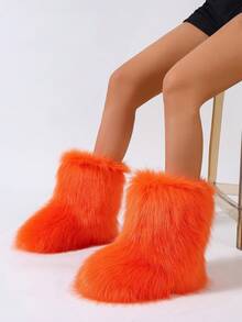 Women's Furry Faux Fur Boots Fuzzy Fluffy Mid Calf Snow Boots Suede Warm Fur Lined Booties Flat Fashion Boots Orange - 橘色 - 查看 1