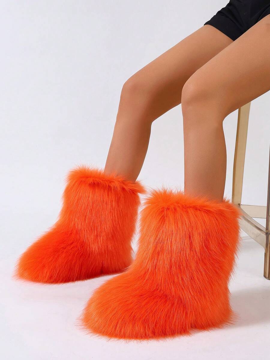 Women's Furry Faux Fur Boots Fuzzy Fluffy Mid Calf Snow Boots Suede Warm Fur Lined Booties Flat Fashion Boots Orange - 橘色 - 查看 1