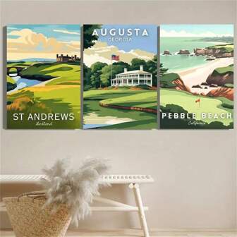1Pc/3Pcs Golf Augusta National Pebble Beach St. Andrews Golf Course Wall Art Decor Posters Minimalist Cartoon Canvas Prints Fashion Paintings For Living Room Bedroom Home Office Dormitory Decor Wall Background Design Picture Optional Frame ,Wall Art With Frame