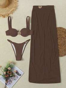 Polovedo 官方新款春夏性感卡其色三件套女士比基尼套装，金属太阳装饰，优雅比基尼搭配罩衫和裙子，适合海滩度假派对约会穿着。 - 卡其色 - 查看 4