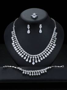 1 Set Of 5pcs Luxurious Cubic Zirconia Necklace Earrings Bracelet Ring Jewelry Set, High-Quality Teardrop Decor Bridal Wedding Evening Party Accessories Gift For Women