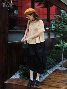 Y6Y Áo sơ mi caro dài tay ngắn kiểu Pháp thời trang dành cho nữ, mùa hè - Màu vàng - Xem 4