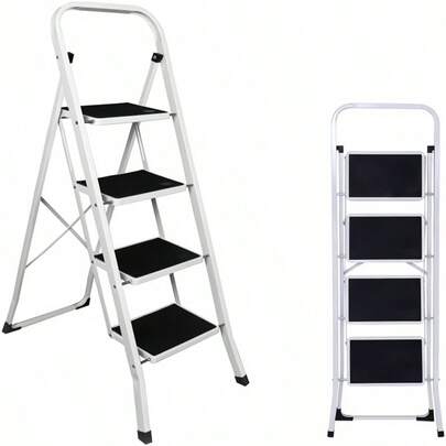 Vandise 4 Step Folding Ladder With Non-Slip Pads - Heavy Duty Steel Step Stool, Lightweight Yet Supports 330lbs - Space Saving Design For Home, Office, Kitchen - For Elderly & Children