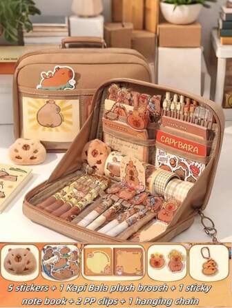 11-Piece Capybara Stationery Set, A Beautiful Pencil Case With Partitions, A Cute School Supply Suitable For Boys And Girls, Including Pens, Clips, Rulers, And Essential Items For Returning To School, A Perfect Gift For Students, Back To School, School Supplies,Pencil Pouch,School Bag