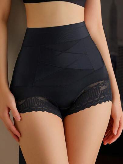 High Waisted Seamless Women Panties, Solid Color Lace Patchwork Briefs, Tummy Slimming, Breathable