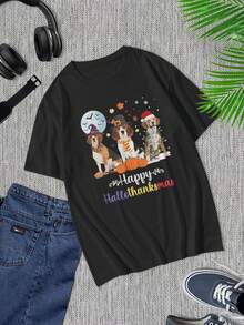 Camiseta de Beagle de Hallothanksmas - Camiseta de Halloween, Acción de Gracias y Navidad para hombres y mujeres - Regalo festivo único Ropa para amantes de mascotas Camiseta de papá - Negro - Ver 1