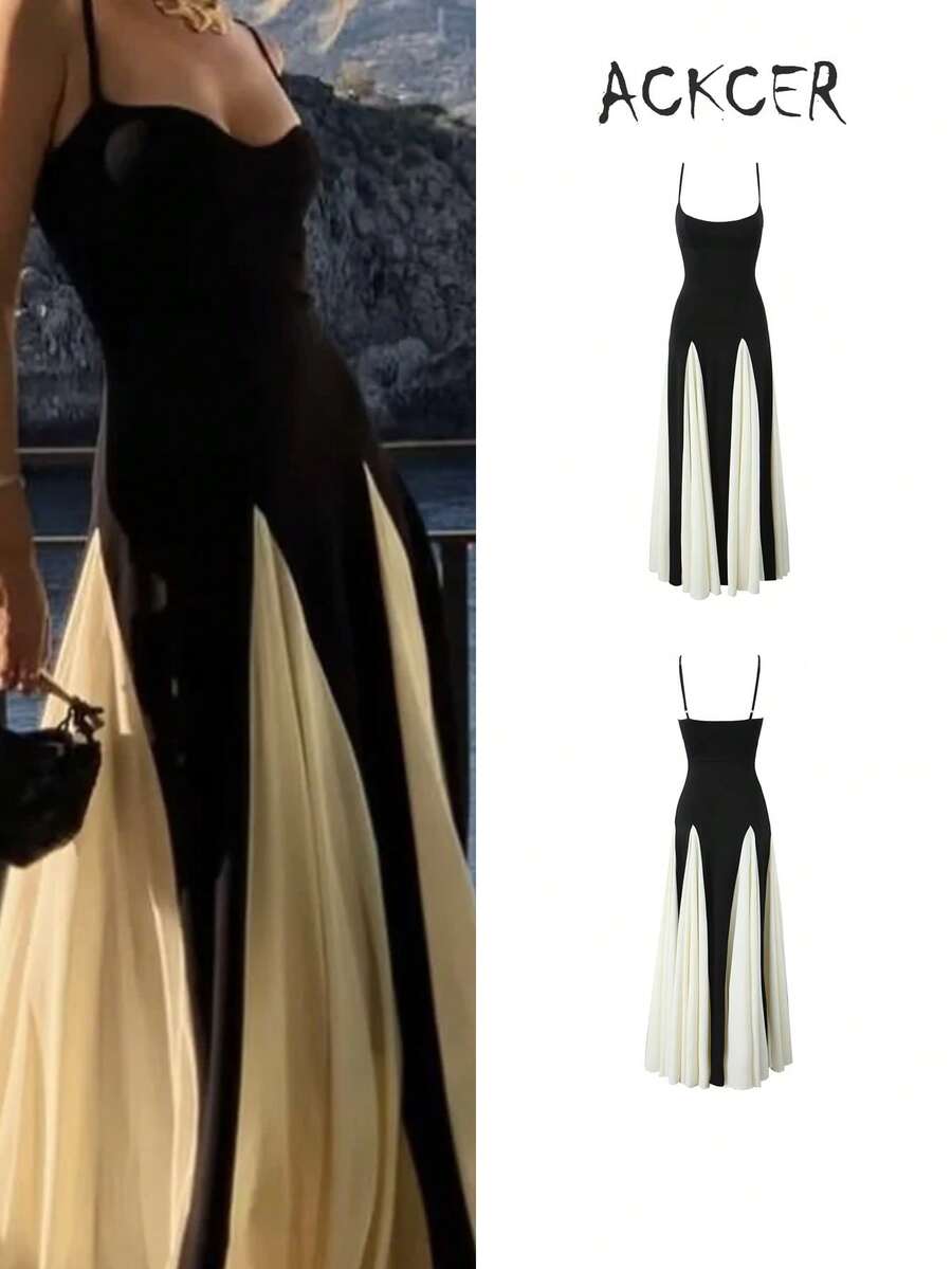 Váy suông hở vai ôm vừa vặn màu đen và trắng theo phong cách Pháp lãng mạn/kỳ nghỉ mới thời trang dành cho nữ, mùa xuân/hè - Đen và trắng - Xem 1