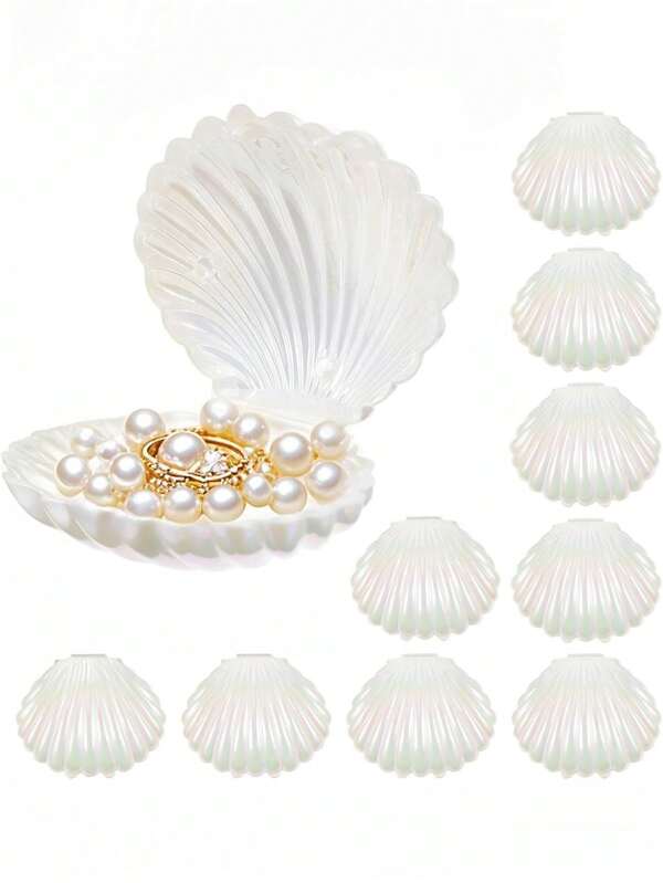 10pcs Shell Shaped Jewelry Storage Box, Mermaid-Themed Mini Shell Boxes, Plastic Mini Sea Shells Necklace Box For Gift, Under The Sea Birthday Party Shower Jewelry Storage Boxes,Mother's Day Graduation Season
