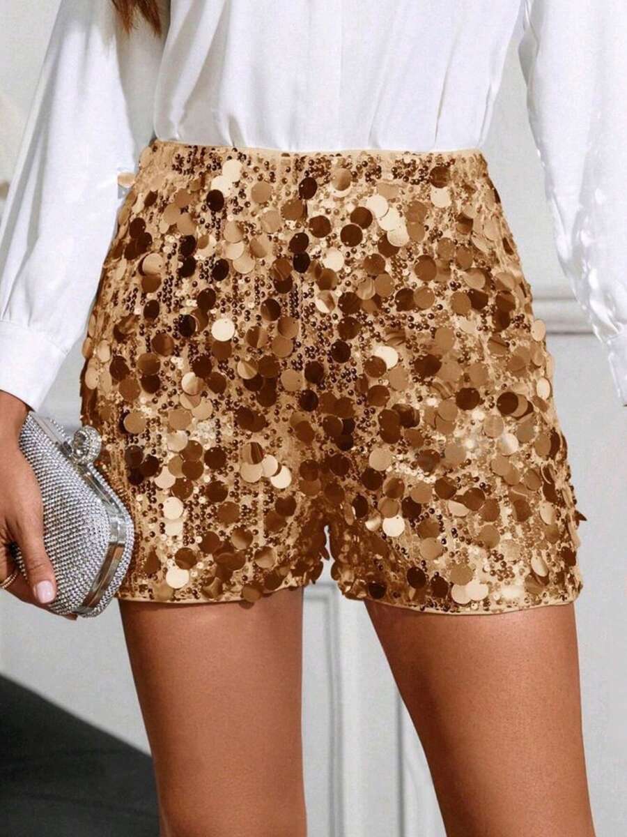 Women's Summer Sequin Shorts Sparkle Elastic High Waist Shorts - Gold - View 1