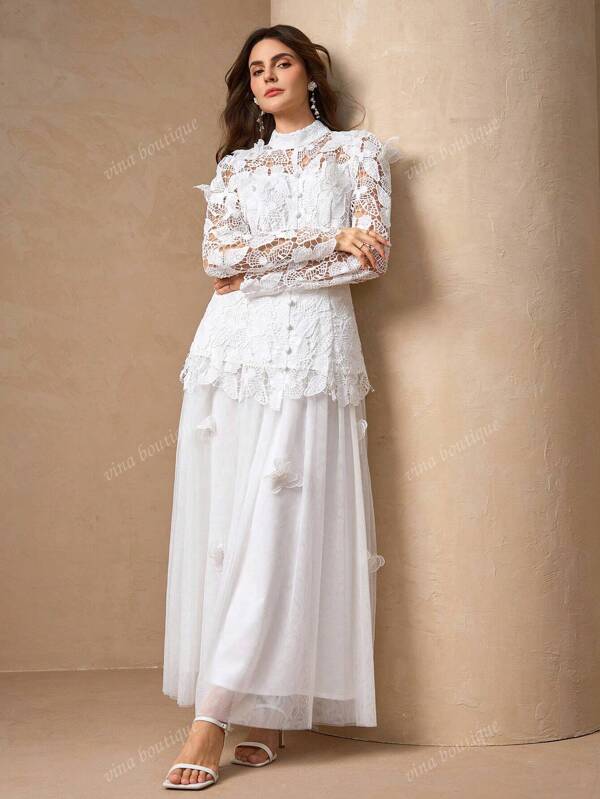 Elegant Women's Small Stand Collar Applique Decorated Top And Flowing Mesh Skirt Set, Lightweight Luxurious Outfit