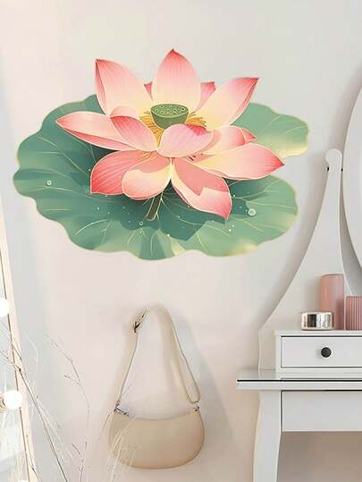 mama look 1 Pc Classic Lotus Flower, Leaf, Petal, Water Droplets Bathroom Tile, Wall Sticker, Self-Adhesive Removable PVC Wall Decal For Bathroom, Toilet
