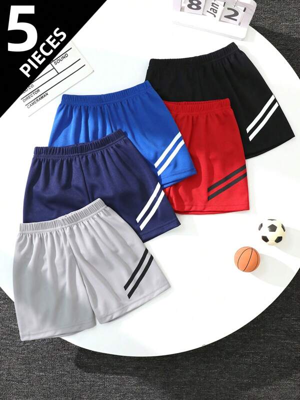 5pcs Boys Sports Shorts, Casual Breathable Running Shorts, Mesh Basketball Shorts, Football Shorts, Suitable For 4-12 Years Old, Summer