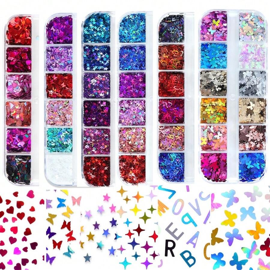 6 cajas de 12 rejillas de purpurina holográfica con forma de mariposa y corazón para uñas, decoraciones con lentejuelas, letras láser brillantes, copos de estrella de cuatro puntas, rodajas de lentejuelas mixtas, suministros para uñas DIY y accesorios. - Multicolor - Ver 1