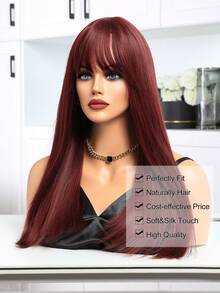 24 英寸优雅酒红色儿童刘海假发，直发耐热合成发，高温纤维时尚长假发 - 酒紅色 - 查看 6