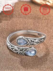 S925 Sterling Silver Moonstone Women's Adjustable Thumb Ring, Victoria Vintage Style Hypoallergenic Nickel Free, Retro Floral, Lucky, Faith, Mother's Love Ring, Bohemian Vintage Style, Daily, Party, Holiday, Valentine's Day, Halloween, Easter Gift, Comes With Gift Box - Star - View 5