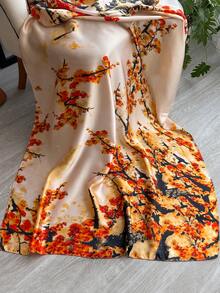 1 pieza Bufanda de mujer con estampado de hojas de ginkgo y flores de seda, chal versátil de moda para primavera y otoño, decoración diaria y viajes para vestidos - naranja - Ver 3