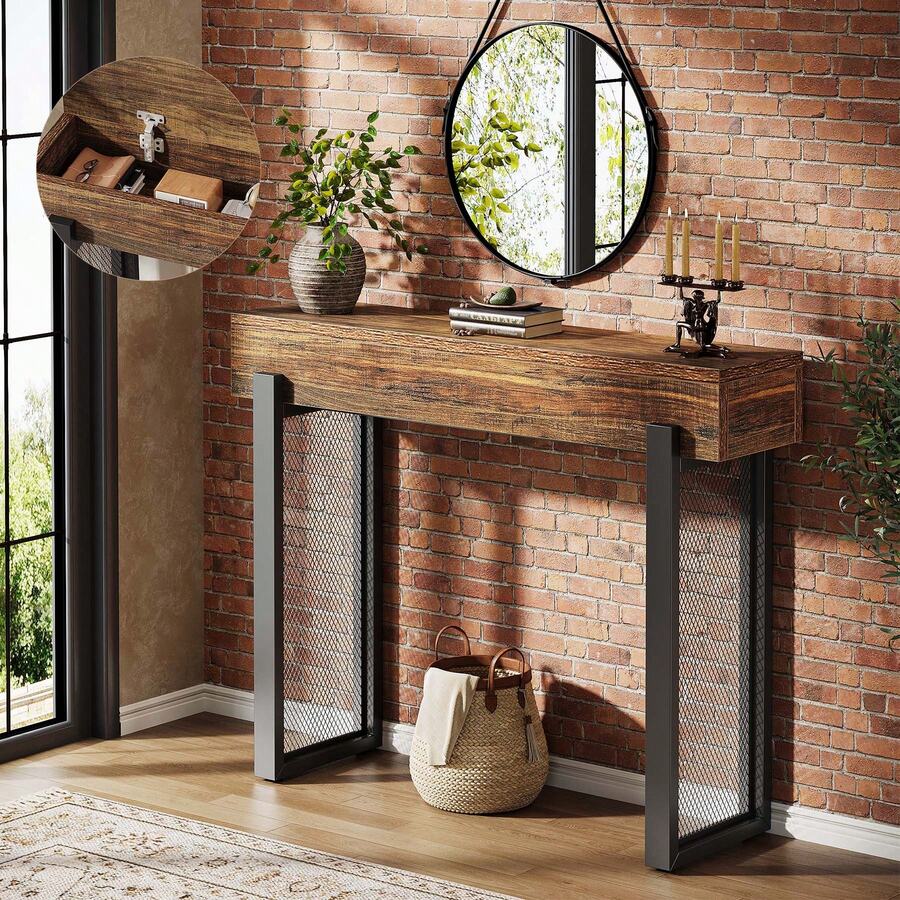 Tribesigns 41" Wood Console Table With Storage, Industrial Small Entryway Table With Mesh Metal Legs, Narrow Sofa Table Behind Couch For Living Room, Entryway, Foyer, Hallway, Rustic Brown & Black - Brown & Black - View 1